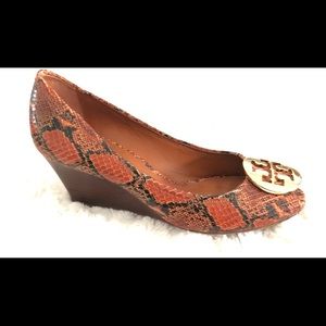 Snakeskin look Tory Burch peep-toe wedges